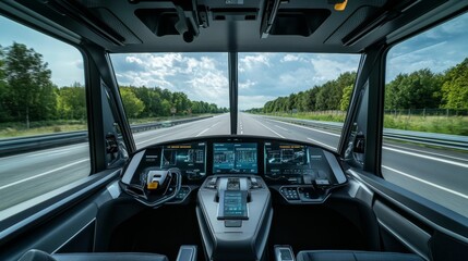 Experience the future of travel with showcasing an autonomous vehicle's sleek interior gliding through a tree-lined road, with no driver at the wheel