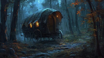 Rickety Fantasy Vardo Parked in a Dark Creepy Forest Concept Art