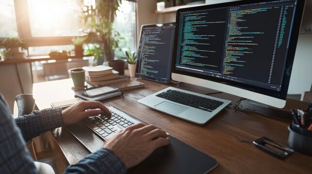 Hands-on keyboard with website coding in progress focused developer working late