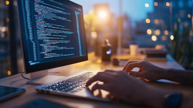 Hands-on keyboard with website coding in progress focused developer working late