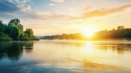 Obraz premium Hazy sunset over a calm river humid weather