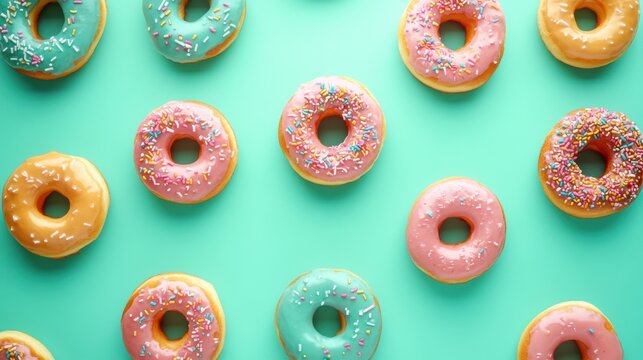 Assorted donuts with colorful icing and sprinkles on a turquoise background