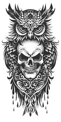Fototapeta premium Tribal Skull and Owl tattoo flash styles illustration