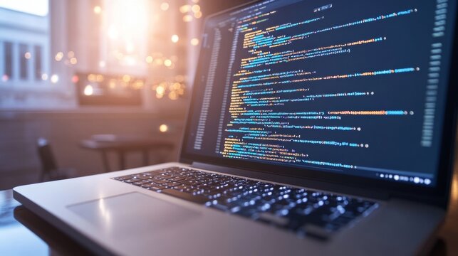 High-tech laptop displaying complex code snippets web development tools