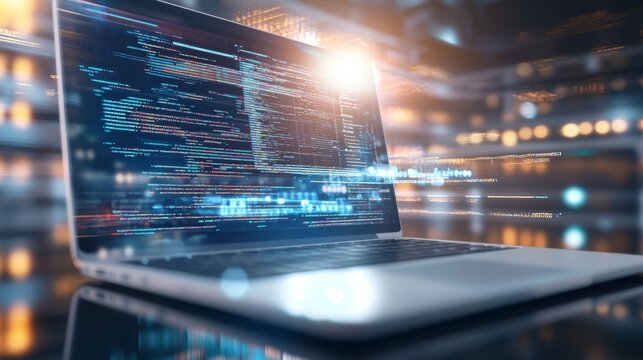 High-tech laptop displaying complex code snippets web development tools