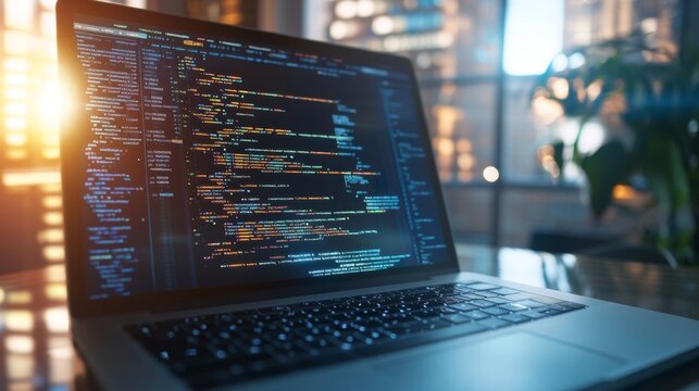 High-tech laptop displaying complex code snippets web development tools