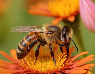 Fototapeta premium A close-up view of a honeybee gathering pollen from an orange flower.