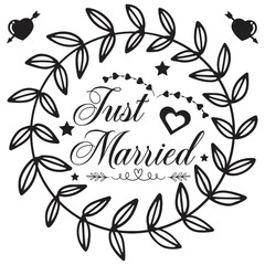 Hand drawn Just married lettering text with hearts on white background with turquoise stains, vector illustration. Just married for invitation and postcards. Wedding phrase. Just married calligraphy.