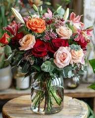 beautiful bouquet of flowers with roses in a vase on the table.