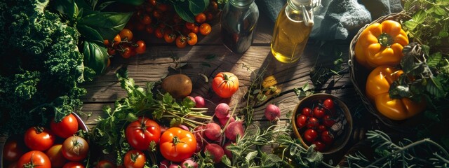 Assorted fresh vegetables and herbs on a rustic wooden table