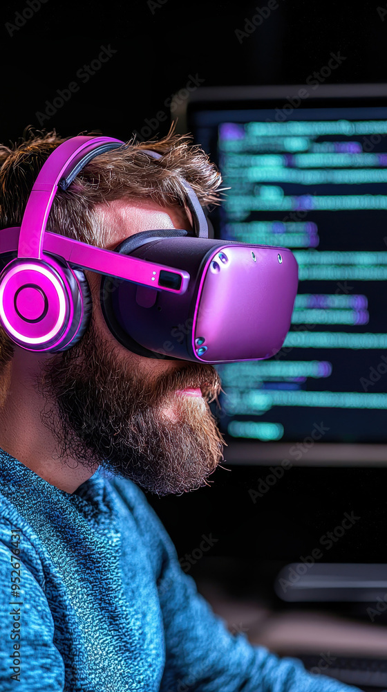Poster a man wearing a virtual reality headset and headphones, immersed in a digital world, surrounded by c