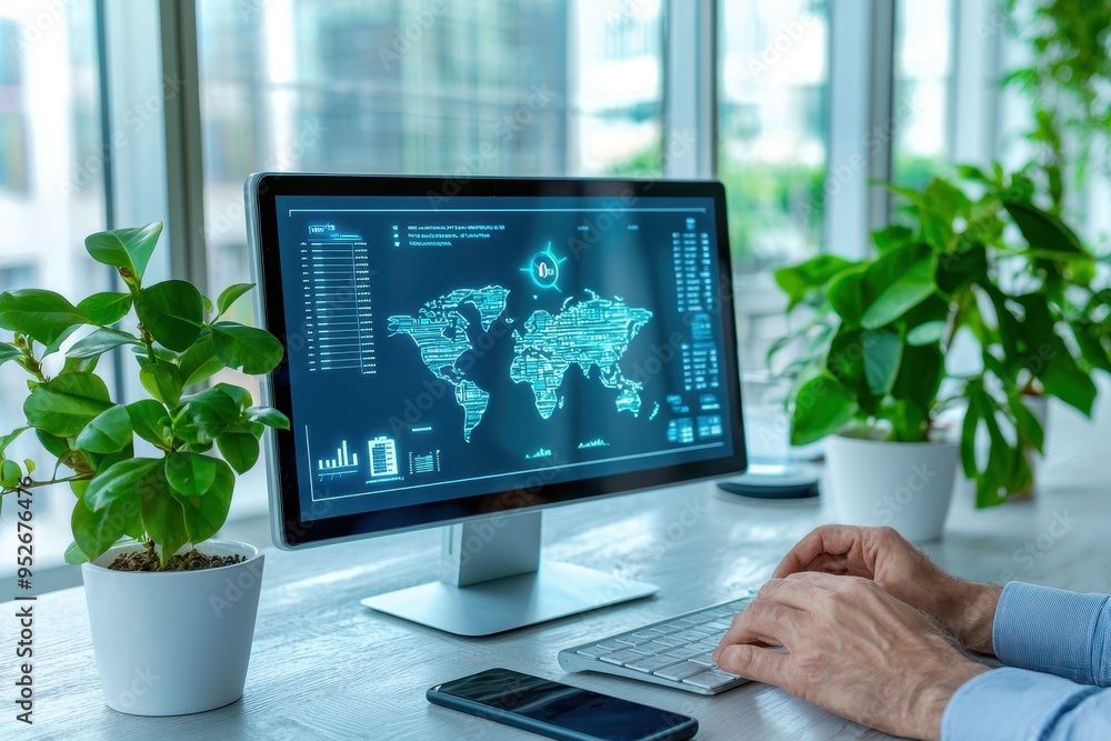 Poster a modern workspace featuring a computer displaying a world map, surrounded by green plants and a sma