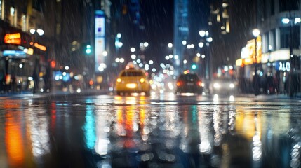 Light rain falling on a city street at night wet weather