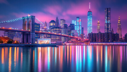 Obraz premium Brooklyn bridge and manhattan skyline reflecting on east river at night