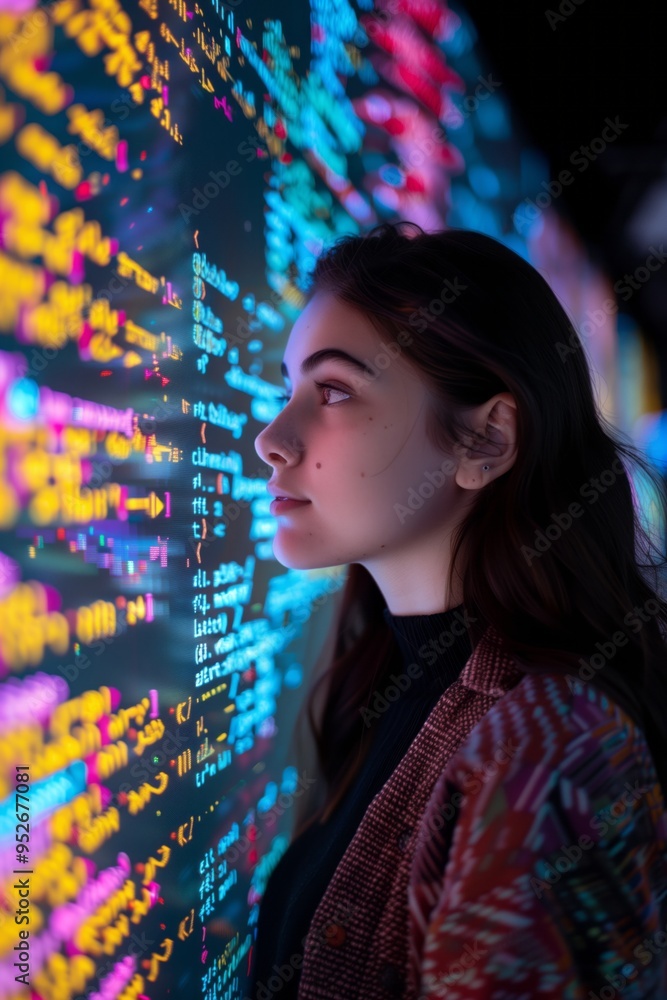 Poster female programmer standing in front of floating, glowing computer code, creating a futuristic and te