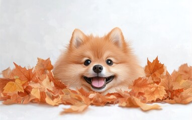 Obraz premium An adorable Pomeranian dog nestled among vibrant autumn leaves, capturing the essence of fall joy and cuteness.
