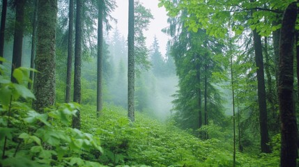 Fototapeta premium Morning mist rolling through a dense forest foggy weather