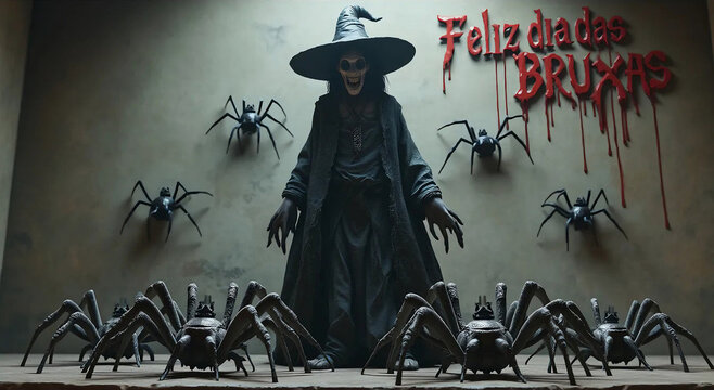 Bruxa de preto. Feliz dia das bruxas. Cart&atilde;o dia das bruxas. Aranhas assustadoras. Aranhas enormes. Bruxa monstro. Terror. Horror. Panic. Medo. Assustador.