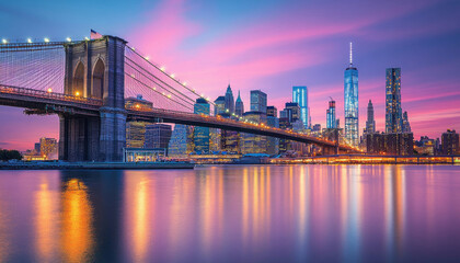 Brooklyn bridge and lower manhattan reflecting at sunset, new york city