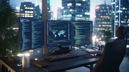 Neon-lit workspace with dual monitors showing responsive web design coding environment