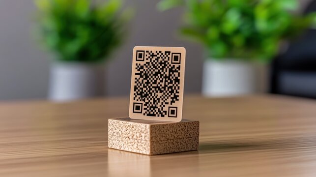 Modern QR code display on a wooden block with greenery in the background, ideal for tech and marketing concepts.