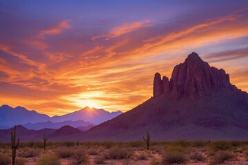 Naklejka premium Majestic sunset over rugged mountain range in desert
