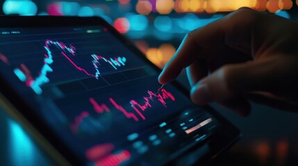 Fototapeta premium A person's hand interacts with a tablet displaying colorful stock market graphs against a blurred background of illuminated digital screens or monitors.