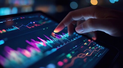 Obraz premium A person's hand interacting with a tablet displaying colorful data analytics graphs and financial charts in a low-light setting with a focus on digital technology.