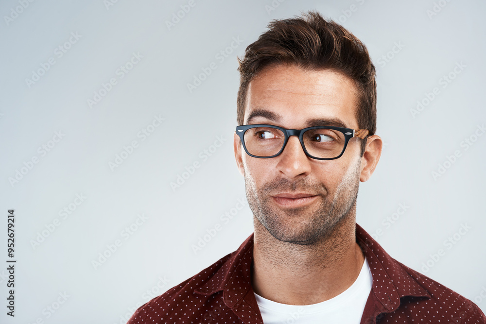 Poster Face glasses, man and thinking with smile for future idea, problem solving and solution in studio. Male person, eyewear and happy contemplating for choice, decision and reflection by white background