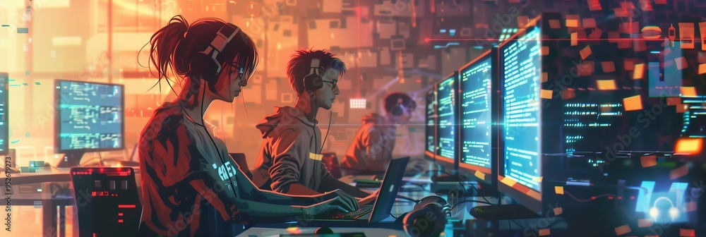 Poster group team of male and female programmer coders, working on laptop with floating, glowing computer c