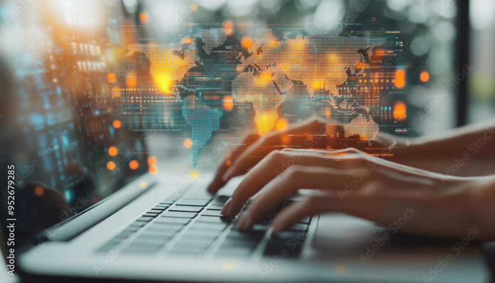 Poster businesswoman working on laptop with global network hologram and binary code