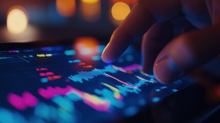 Naklejka premium A person's fingertips are touching a tablet displaying colorful financial stock market charts and graphs, illuminated against a backdrop of bokeh lights.