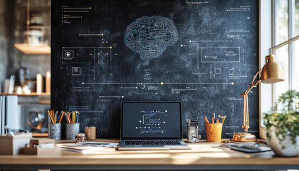 Modern programmer workplace featuring laptop and artificial intelligence sketch on blackboard