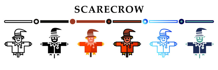 Collection of scarecrow icons in variety of styles. Representing halloween festive or spooky themes. Halloween sweets. Happy Halloween. 