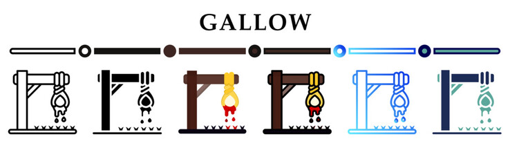Collection of gallows icons in variety of styles. Creepy scene with the rope has blood flowing Halloween sweets. Happy Halloween. 