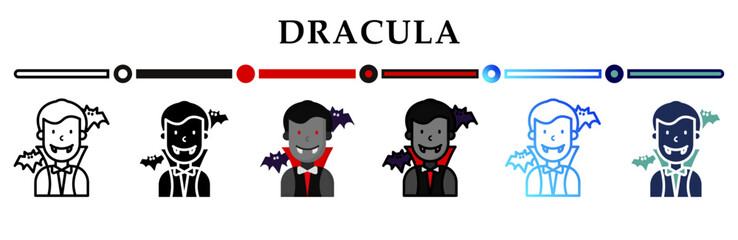 Collection of cute dracula icons in a variety of styles and colors. Representing halloween festive or spooky themes. For use in digital projects, web design, posters, sign, symbol or elements
