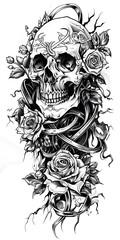 Tribal Skull and Roses Tattoo very simple traditional tattoo flash styles illustration
