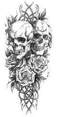 Tribal Skull and Roses Tattoo very simple traditional tattoo flash styles illustration