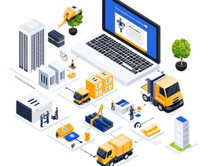 An isometric illustration of logistics and supply chain management with vehicles, goods, and a computer monitor.