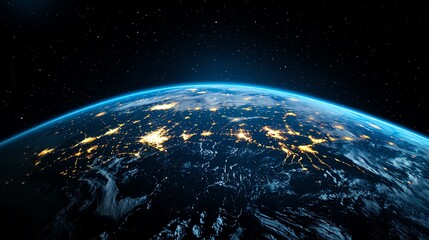 Obraz premium A stunning view of Earth from space, showcasing vibrant lights and swirling clouds against the backdrop of the vast universe.