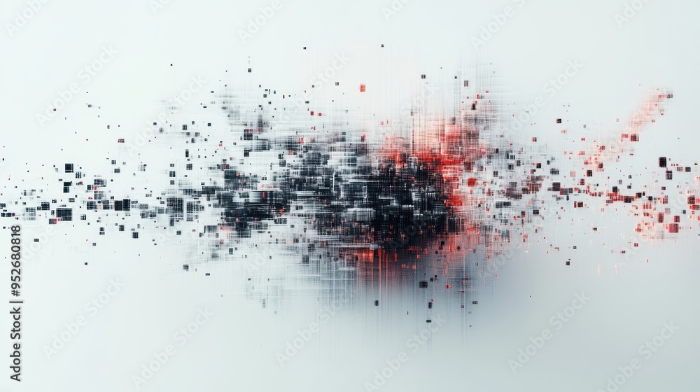 Poster dynamic abstract artwork featuring a digital pixel explosion with black and red tones on a white bac