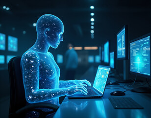 AI holographic figure working at a computer in a dark room. Generative AI
