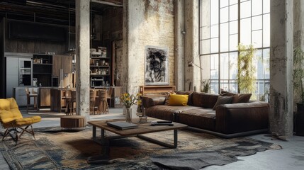 Industrial Loft Living Room with Exposed Brick Walls and Large Windows