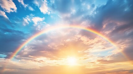 Rainbow arching across a cloudy sky after a rainstorm