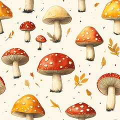 Colorful illustration of various mushrooms with autumn leaves on a light background.