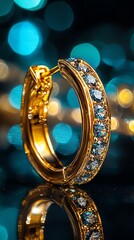 Elegant gold hoop earring with sparkling blue gemstones, perfect for adding a touch of luxury and style to any outfit.