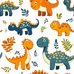 Obraz premium Colorful cartoon dinosaurs surrounded by leaves in a playful pattern.