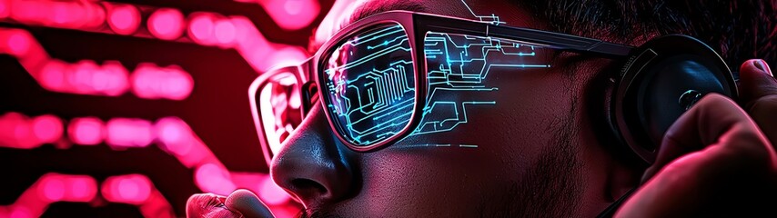 A futuristic image showcasing a person with glasses reflecting digital data, symbolizing technology and cyber innovation.