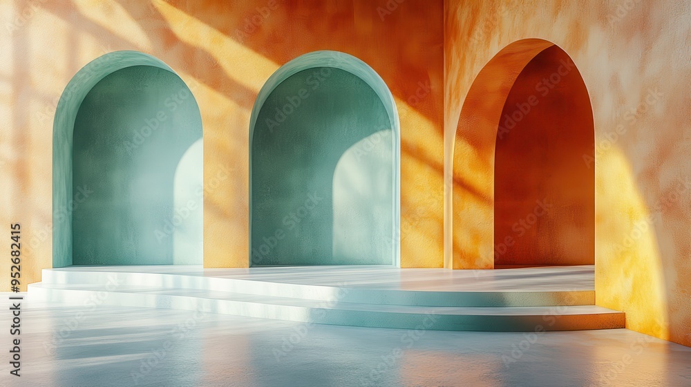 Poster abstract geometric 3d render of a modern minimal showcase scene with terracotta walls and empty gree