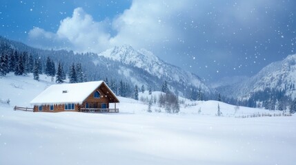 Snowstorm engulfing a mountain cabin harsh weather